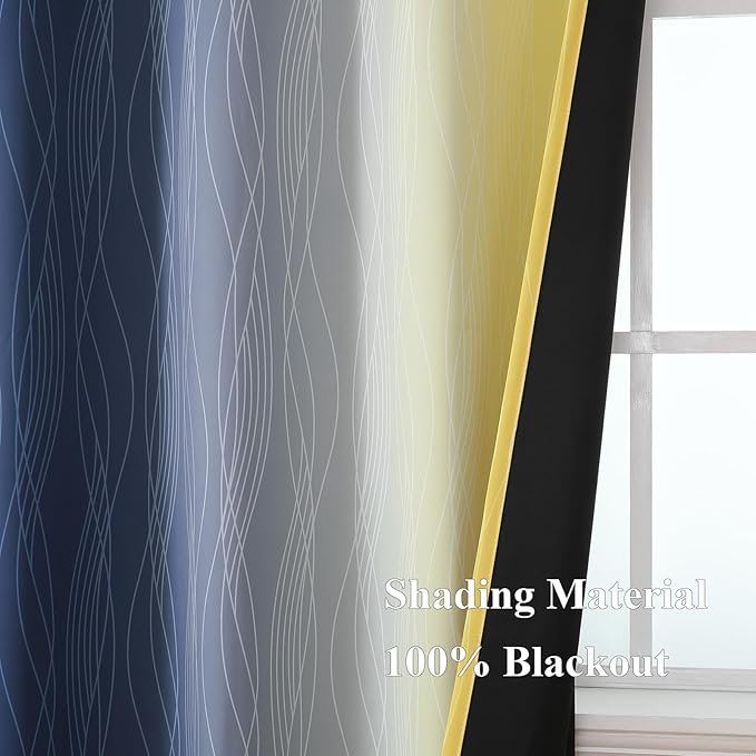 Estelar Textiler Navy Blue and Yellow Blackout Curtains 63 Inch Length 2 Panels Set, Full Room Darkening Grommet Ombre Curtains for Bedroom, Thermal Insulated Light Blocking Gradient Drapes,52Wx63L