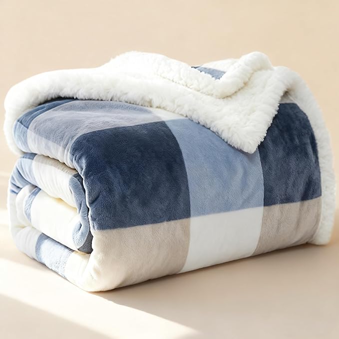 PU MEI Sherpa Fleece Throw Blanket 80" x 90" Full/Queen Reversible Plush Fluffy Extra Large Big Blanket Lattice Flannel Blankets for Sofa Couch Bed (Grey-Soft Blue, 80"*90")