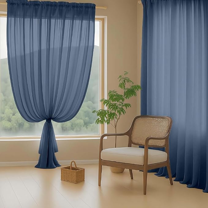Navy Blue Sheer Curtains 90 Inches Long 2 Panels, Light Filtering Solid Sheer Curtains for Bedroom Living Room, Lightweight Soft Airy Voile Sheer Drapes, Dual Rod Pocket, 2x42Wx90L Inches