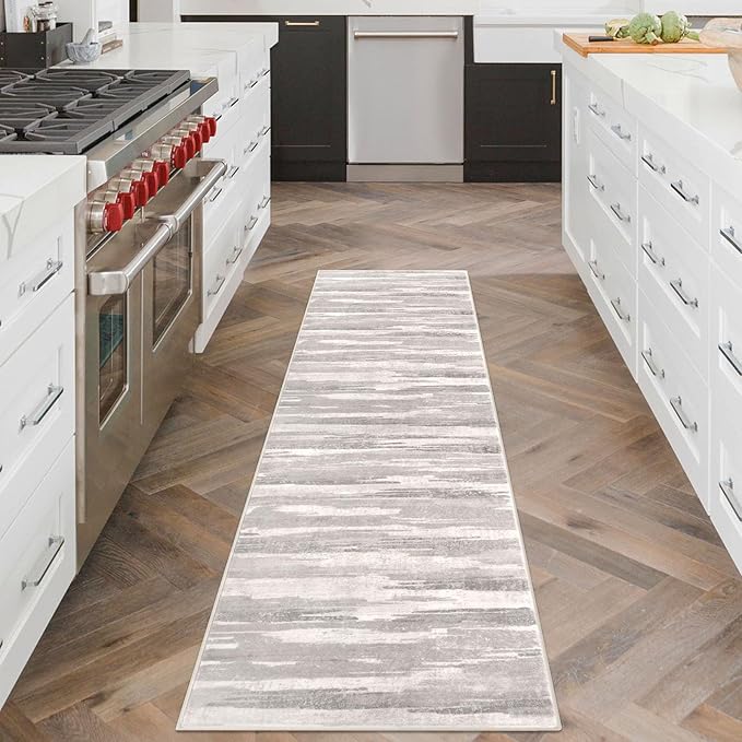 Lansny Modern Abstract Runner Rug 2x6, Neutral Light Beige and Grey Washable Kitchen Runner Non-Slip Soft Hallway Rug Runner Thin Print Faux Wool Carpet for Entryway Bedroom Laundry Room Indoor