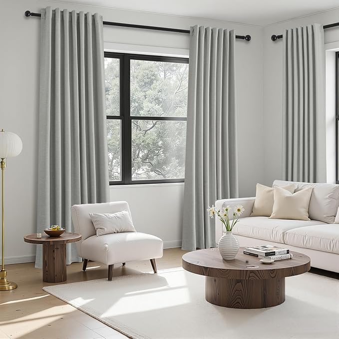 Frost Grey Blackout Linen Curtains 96 Inches Long 2 Panels for Bedroom 100% Black Out Curtains Thermal Insulated Noise Reducing Neutral Modern Living Room Darkening Window Drapes 96 inches Length