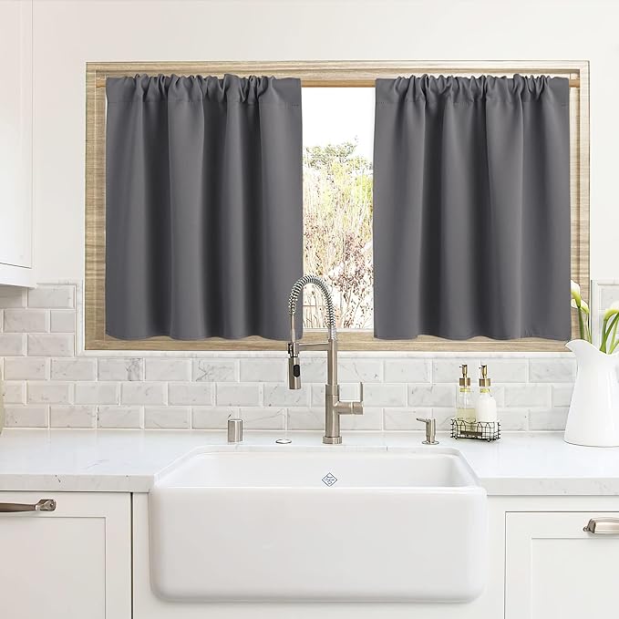 RYB HOME Cafe Blackout Curtains 24 inch Length, RV Curtains for Camper Windows, Mini Short Small Insulating Light UV Heat Blocking Privacy Half Window Tiers, Width 42 by Length 24, Grey, 2 Panels
