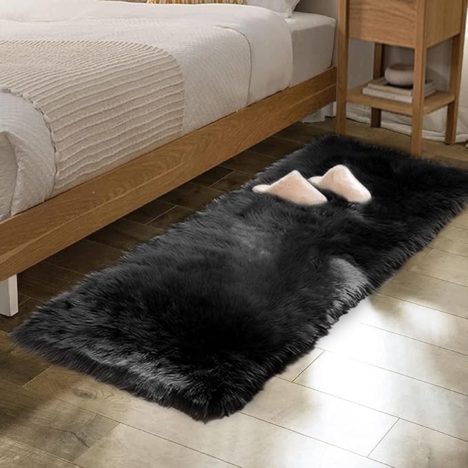 ORINOVA Black Washable Fluffy Area Rugs for Bedroom Shaggy Faux Sheepskin Fuzzy Fur Carpet for Living Room Hallway Nursery Rugs Runner 2x6