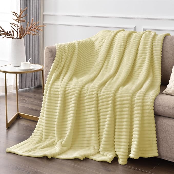 BEDELITE Fleece Throw Blanket for Couch – 3D Ribbed Jacquard Soft and Warm Decorative Fuzzy Blanket – Cozy, Fluffy, Plush Lightweight Transparent Yellow Throw Blankets for Bed, Sofa, 50x60 inches