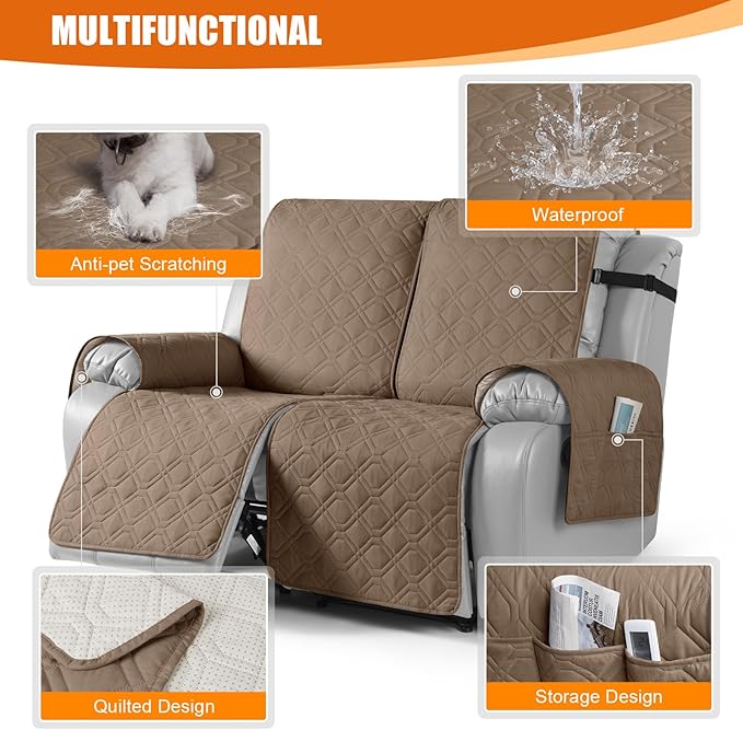 VANSOFY Waterproof Recliner Couch Covers, Sofa Covers 1-Piece Washable Reclining Sofa Cover Non-Slip Furniture Protector with Elastic Straps Pocket for Dogs, Pets(Light Brown,2 Seater)