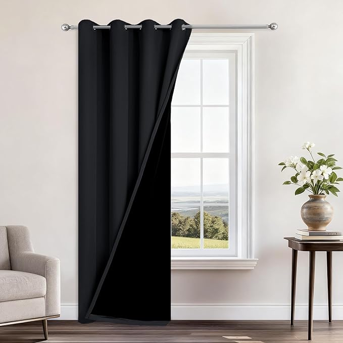 Yakamok 100% Blackout Curtains 96 Inches Long, 2 Thick Layers Heat and Full Light Blocking Soft Thermal Insulated Drapes for Bedroom(52" Wide Each Panel, Black, 1 Panel)