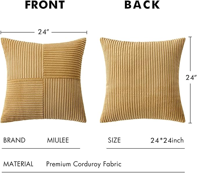 MIULEE Khaki Decorative Euro Sham Pillow Covers 24x24 Inch for Bed Couch Sofa Pack of 2 Boho Farmhouse Throw Pillows Soft Cross Corduroy Patchwork Textured Cushion Cases