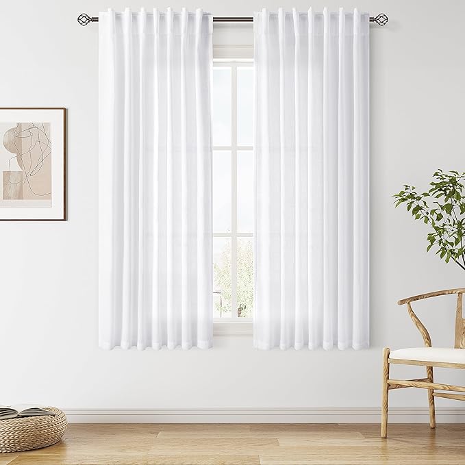 Snow White Linen Curtains 63 Inch Length for Living Room Light Filtering Semi Sheer Curtain Back Tab Luxury Neutral Coastal Modern Farmhouse Decor Drapes for Bedroom Dinner Room 52x63, 2 Panels