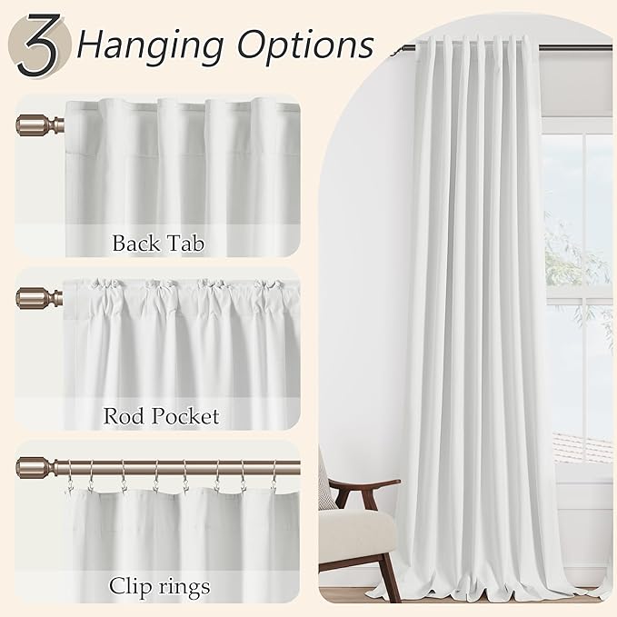 Guken White 100% Blackout Linen Curtains 60 Inch Wide by 90 Inch for Living Room Bedroom Back Tab Thermal Insulated Black Out 1 Drapes Room Darkening Window Curtains,1 Panel