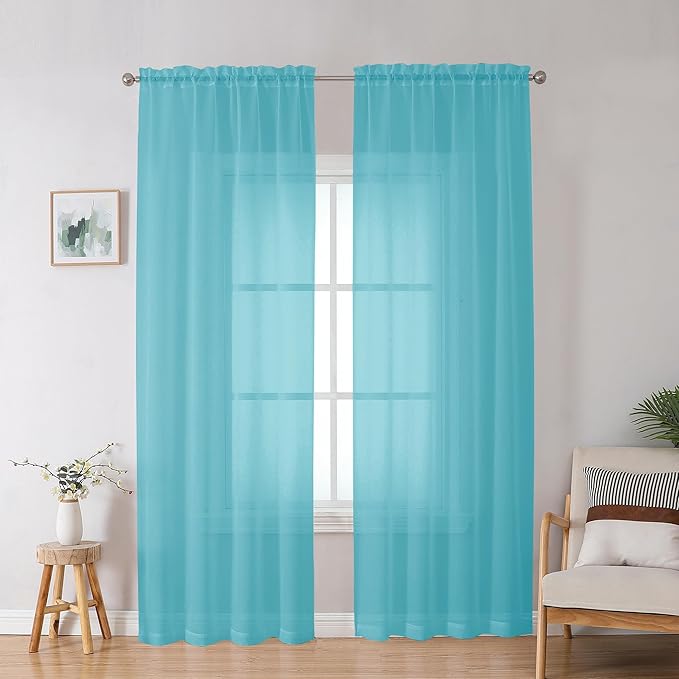 OWENIE Aqua Sheer Curtains for Bedroom Living Room 90 Inches Long, Elegant Solid Light Filtering Window Curtain Panles, Modern Rod Pocket Aqua Curtain, 2Pcs, Each 42" W x 90" L