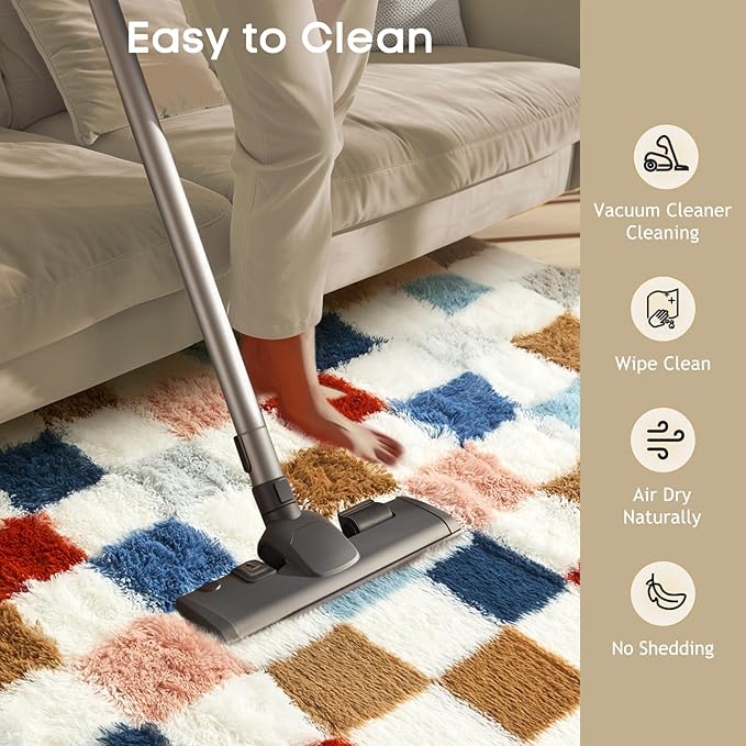 Ophanie Checkered Rainbow Rug for Living Room Bedroom,Colorful Fluffy Soft Cute Fuzzy Area Rugs, Shag Plush Shaggy Bedside Floor 4x6 Furry Carpet for Kids Baby Teen Dorm Nursery Home Decor Aesthetic