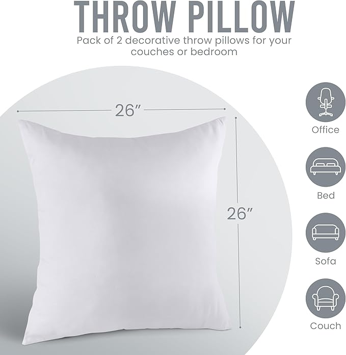 Utopia Bedding 26x26 Pillow Inserts, Set of 2, White – Indoor Decorative Throw Pillows for Bed, Sofa & Couch – Soft, Supportive & Fluffy Cushion Inserts