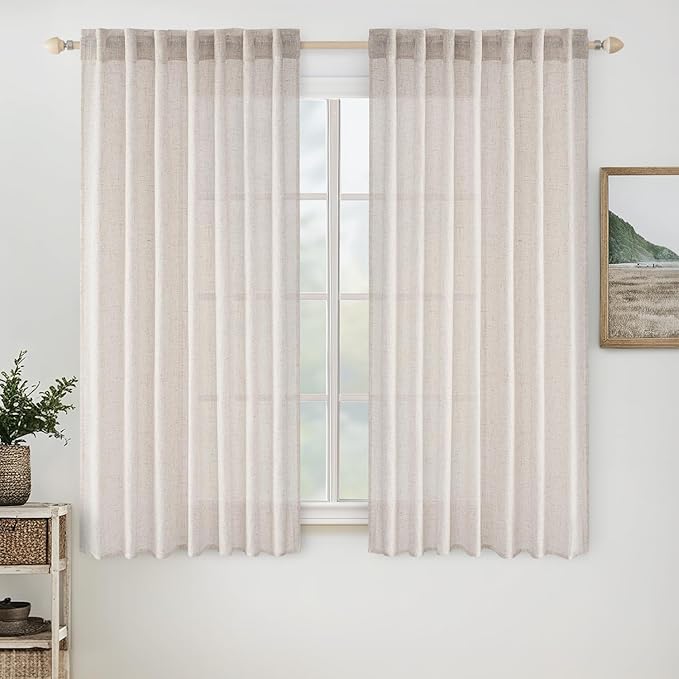 MIULEE White Linen Curtains 54 Inch Length 2 Panels for Bedroom Living Room, Soft Thick Linen Textured Natural Short Window Drapes Semi Sheer Light Filtering Back Tab Rod Pocket Burlap Look Decor
