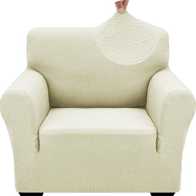 ZNSAYOTX 1 Piece Jacquard Chair Slipcovers for Living Room High Stretch Chair Covers with Arms Anti Slip Pets Friendly Couch Sofa Armchair Cover Furniture Protector (Small, New Pattern Light Beige)