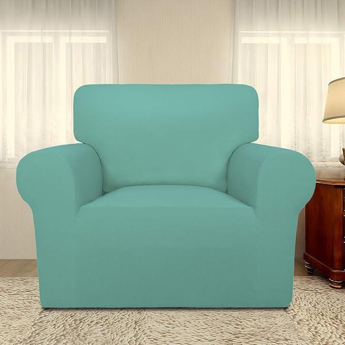 PureFit Super Stretch Chair Sofa Slipcover – Spandex Non Slip Soft Couch Sofa Cover, Washable Furniture Protector with Non Skid Foam and Elastic Bottom for Kids, Pets （Chair, Cyan）