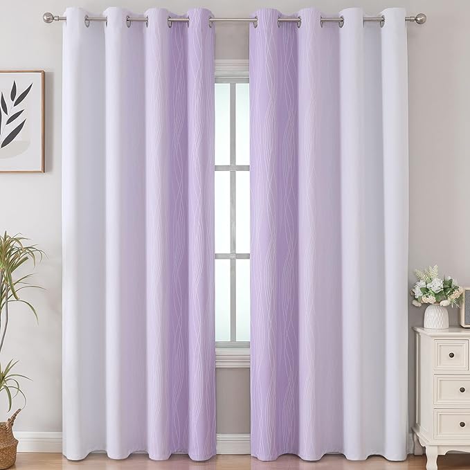Estelar Textiler Lilac and Greyish White Gradient Blackout Curtains for Bedroom, Thermal Insulated Ombre Blackout Drapes, Light Blocking Energy Saving Curtains for Living Room,52Wx84L,2 Panels
