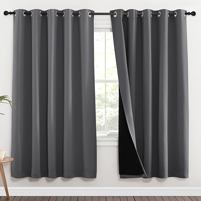 NICETOWN Grey Full Shade Curtain Panels, Pair of Energy Smart & Noise Blocking Out Blackout Drapes for Dining Room Window, Thermal Insulated Guest Room Lined Window Dressing(Gray, 70 x 72 inch)