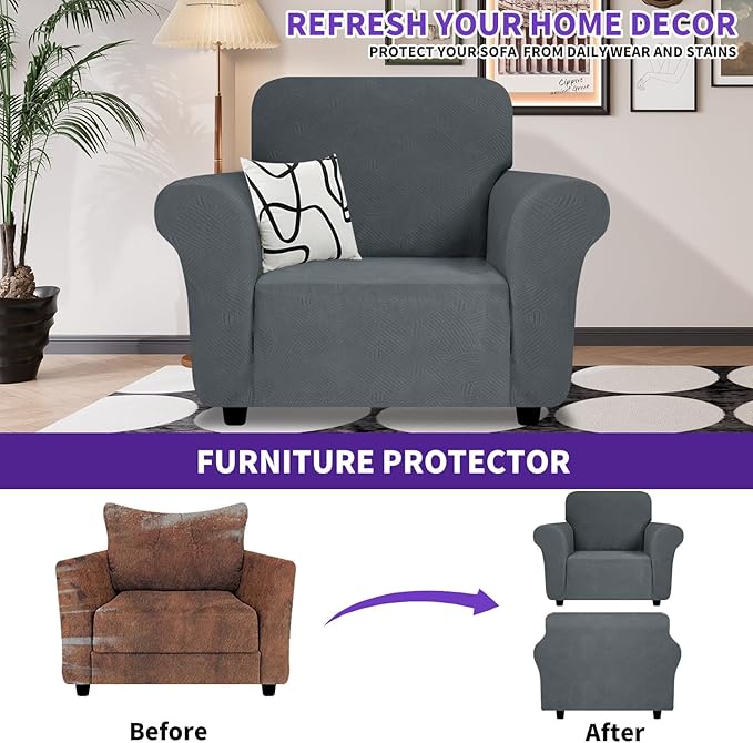 ZNSAYOTX Super Stretch Chair Slipcover (30"-47"), New Striped Sofa Chair Covers for Living Room, Dogs Pet Friendly Anti-Slip Chair Protector Spandex Armchair Slipcovers (Dark Grey, Chair)