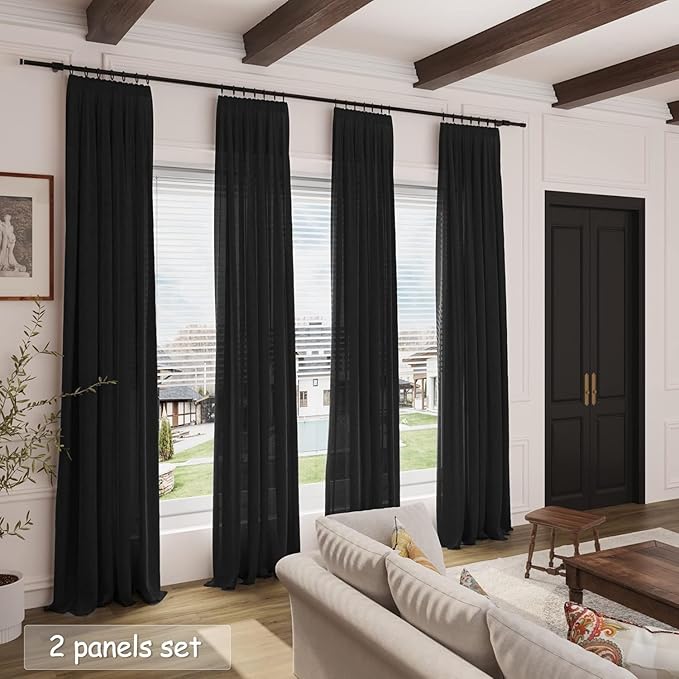 Nanspring Black Linen Curtains 90 Inches Long for Living Room Back Tab and Rod Pocket Semi Sheer Privacy Curtains Simple Modern Cotton Textured Curtain for Bedroom 70x90,2 Panel