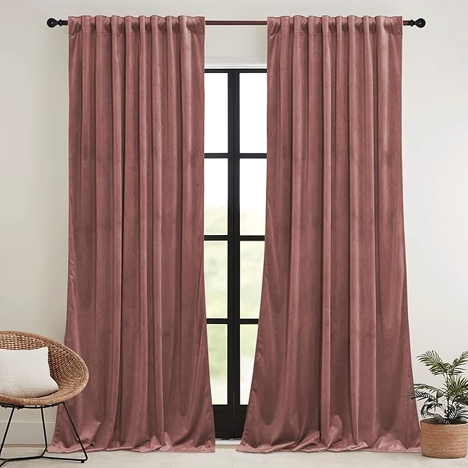 RYB HOME Pink Velvet Curtains 72 inches with Hook Belt, Soft Fabric Room Darkening Thermal Insulated Luxurious Home Decor Curtains for Living Room Bedroom, W 52" x L 72", 2 Panels Set