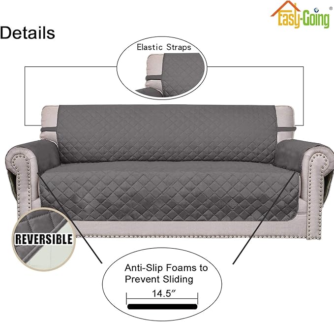 Easy-Going 4 Seater Sofa Slipcover Reversible Sofa Cover Water Resistant Couch Cover with Foam Sticks Elastic Straps Furniture Protector for Pets Children Dog Cat (XX-Large, Gray/Ivory)