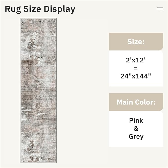 Runner Rug 2x12 Washable Non-Slip Hallway Runner Rugs for Kitchen Bathroom Laundry Room Pink/Grey Vintage Floor Carpet Runners for Hallways Entryway