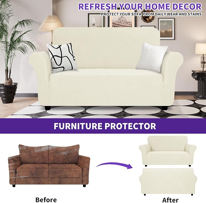 ZNSAYOTX Super Stretch Loveseat Covers (57"-70"), New Striped Love Seat Slipcover, Dogs Pet Friendly Anti-Slip Couch Protector Spandex Durable 2 Seater Fabric Sofa Cover (Beige, Loveseat)