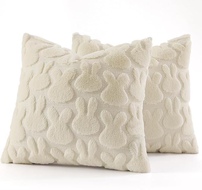 decorUhome Easter Bunny Pillow Covers 16x16 Inch Set of 2, Soft Plush Faux Wool Jacquard Beige Rabbit Cushion Covers, Farmhouse Neutral Spring Easter Holiday Decor for Couch Sofa Bed