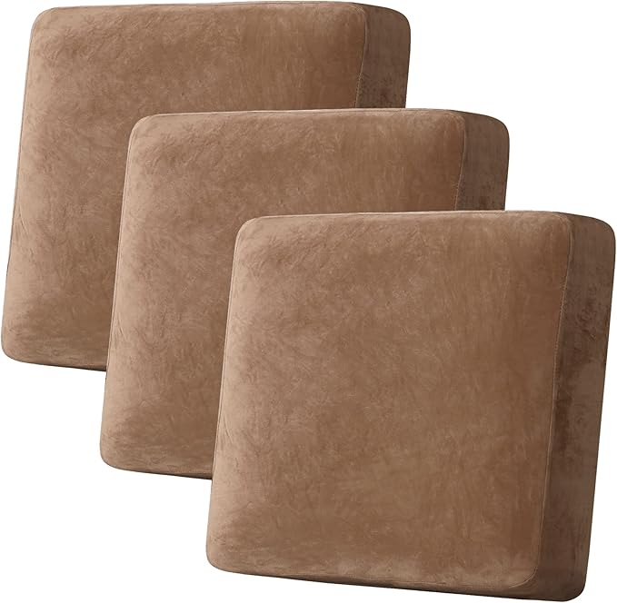 H.VERSAILTEX Velvet Stretch Couch Cushion Cover Plush Cushion Slipcover for Chair Loveseat Sofa Cushion Furniture Protector Seat Cushion Sofa Cover (3 Piece XL Sofa Cushion Covers, Camel)