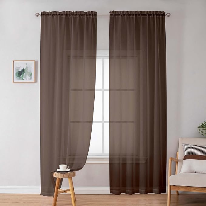 OWENIE Sheer Curtains 72 Inches Long 2 Panels Set, Light Filtering Sheer Curtain Rod Pocket Clear Drapes for Living Room Bedroom Window Sliding Door, Each 42 x 72 Inch, Chocolate