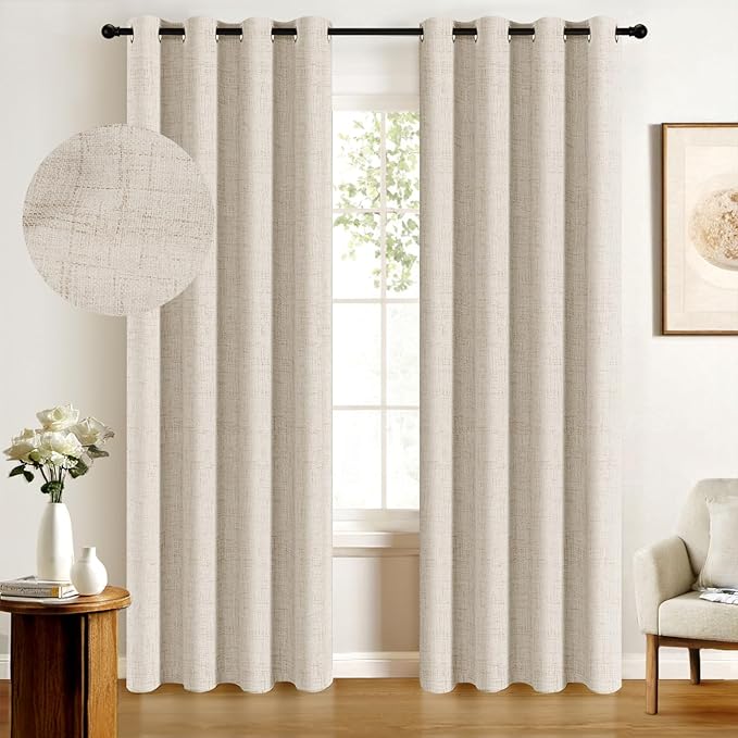 100% Blackout Shield Linen Blackout Curtains for Bedroom, Butter Cream Grommet Curtains for Living Room, Thermal Insulated Room Darkening Drapes for Nursery, Boho Home Decor, 50" W x 63" L, 2 Panels
