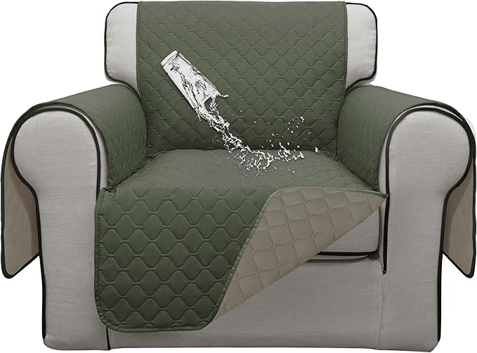 ISSUNTEX Double Protection 100% Waterproof Chair Sofa Covers for Living Room, Reversible Furniture Protector for Dogs, Pets, Kids (Chair, Greyish Green/Beige)