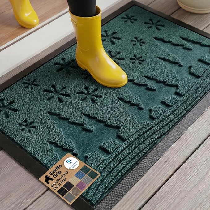 GORILLA GRIP 100% Waterproof All-Season WeatherMAX Doormat, US Designed Natural Rubber, Stain and Fade Resistant, Low Profile Indoor Outdoor Door Mats, Easy Clean Patio Mat, 29x17, Green Snowscape