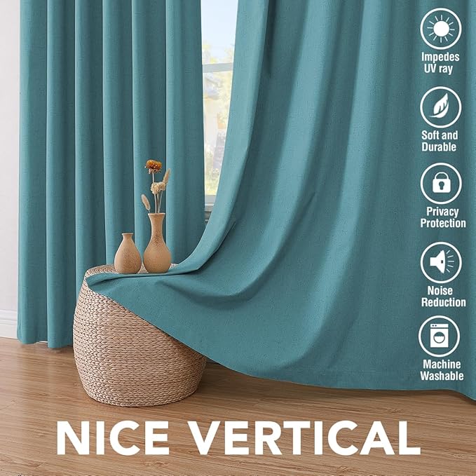 H.VERSAILTEX Primitive Linen Curtains 100% Blackout Curtain Drapes Burlap Fabric Curtains with White Thermal Insulated Liner, Grommet Top Drapes Living Room/Bedroom (2 Panels, 42 x 84 Inch, Teal)