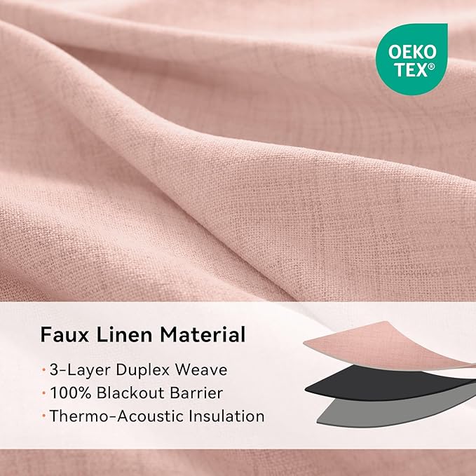 100% Blackout Shield Linen Blackout Curtains for Bedroom, Blush Pink Grommet Curtains for Living Room, Thermal Insulated Room Darkening Drapes for Nursery, Boho Home Decor, 50" W x 96" L, 2 Panels