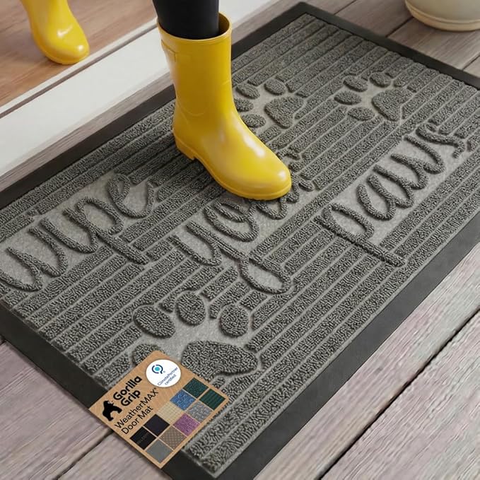 GORILLA GRIP 100% Waterproof All-Season WeatherMAX Doormat US Designed Natural Rubber, Stain and Fade Resistant, Low Profile Indoor Outdoor Door Mats, Easy Clean Patio Mat, 29x17, Stone Paws