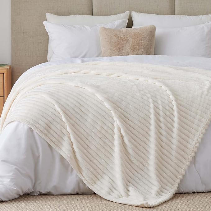BEDELITE King Size Blanket for Bed, 300GSM Soft & Warm Fleece Blanket, Decorative and Giftable Striped Cream White Blankets for Women, Men, 108"x90"
