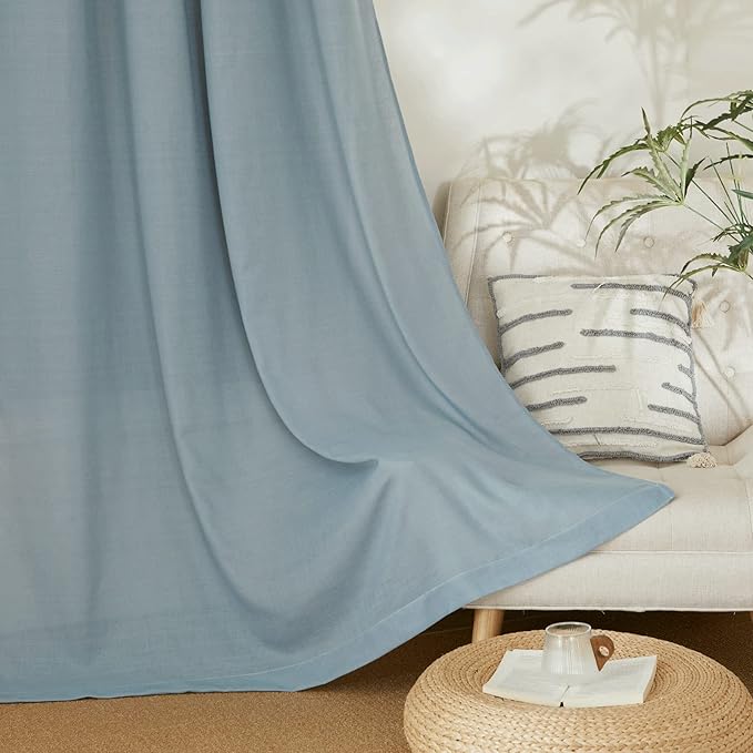 NICETOWN Linen Stone Blue Curtains 63 inch Length, Grommet Top Casual Semi Sheer Privacy Window Drapes with Light Penetration for Beach House/Bedroom, W55 x L63, 2 Panels