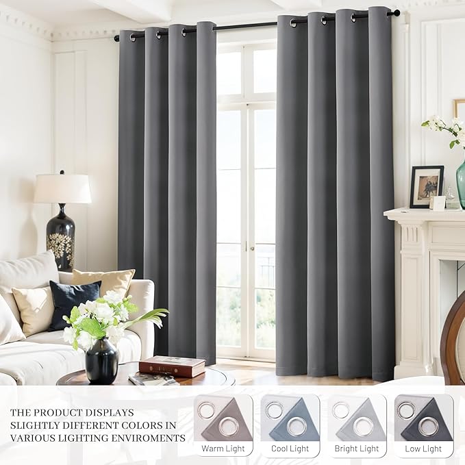 Yakamok Grey Room Darkening 100% Blackout Curtains Grommet Window Treatments with 2 Thick Layers-Gray Thermal Insulated Drapes Set of 2 Panels for Bedroom Living Room 38 Inches by 84 Inches Length