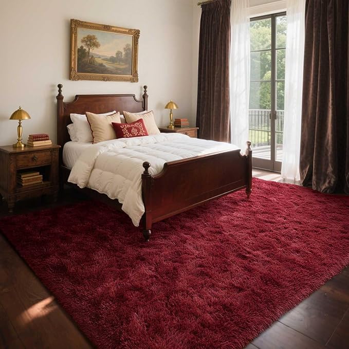 Area Rugs for Living Room, 4x6 Feet Soft Fluffy Shagg Plush Rug High Pile Large Indoor Modern Non-Slip Floor Carpet for Bedroom Nursery Girls Kids Home Room Dorm Decor Aesthetic Burgundy