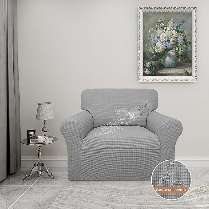 Easy-Going 100% Waterproof Chair Couch Cover, Dual Waterproof Sofa Cover, Stretch Jacquard Sofa Slipcover, Leakproof Furniture Protector for Kids, Pets, Dog and Cat (Chair, Light Gray)
