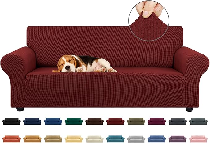 KEKUOU Stretch Sofa Cover Slipcover ，Couch Covers for 3 Cushion Couch Sofa pet Friendly (78"-94") Furniture Protector Sofa with Elastic Bottom for Kids,Dog, Jacquard Small Checked(Large,Dark Red)
