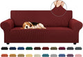 KEKUOU Stretch Sofa Cover Slipcover ，Couch Covers for 3 Cushion Couch Sofa pet Friendly (78"-94") Furniture Protector Sofa with Elastic Bottom for Kids,Dog, Jacquard Small Checked(Large,Dark Red)