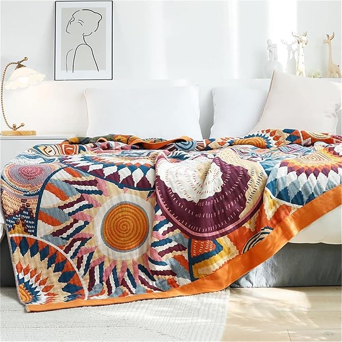 MSGKV Boho Throw Blanket for Couch 50"x60" 100% Cotton Sofa Blanket Spring Breathable Lightweight Blanket Home Decor Muslin All Seasons
