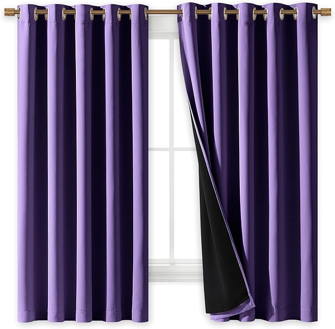 NICETOWN 100% Blackout Curtains with Black Liners, Thermal Insulated Full Blackout 2-Layer Lined Drapes, Energy Efficiency Window Draperies for Bedroom (Lilac Purple, 2 Panels, 70-inch W by 63-inch L)