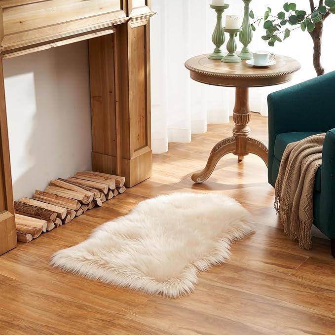 EasyJoy Ultra Soft Fluffy Shaggy Area Rug Faux Fur Rug Chair Cover Seat Pad Fuzzy Area Rug for Bedroom Floor Sofa Living Room (2 x 3 ft Sheepskin, Beige)