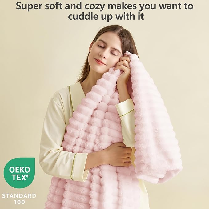 HIMEET Pink Ribbed Twin Blanket for Bed - 300GSM Lightweight Soft Fleece Blanket for Men Women, Cozy Blankets Graduation Birthday Gifts, Striped Spring Home School Dorm Decor, Pink, 60x80 Inches