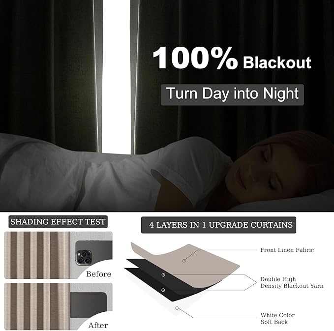 Topfinel 94 Inches Long Taupe Flax Custom Blackout Linen Curtains, Viral Ivory Pinch Pleated Noise Cancelling Curtains with Pin Hooks for Traverse, Burlap Viral Drapes 2 Panels for Living Room