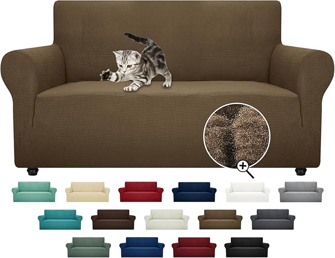 ZNSAYOTX Super Stretch Couch Cover Love Seat Sofa Covers for Living Room Dogs Pet Friendly Furniture Protector Spandex Loveseat Slipcovers with Anti Slip Foam Sticks (Brown, Loveseat)