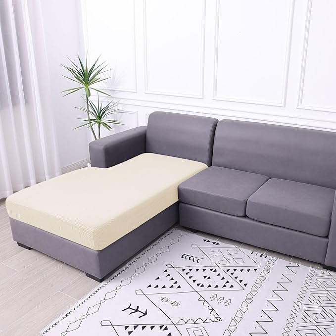 hyha Waterproof Couch Cushion Covers, Sectional Sofa Cushion Slipcovers L Shape, Thick Stretch Jacquard Fabric, Washable Chaise Lounge Cover with Elastic Bottom (1 Piece for Chaise, Light Beige)